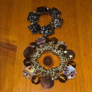Leopard Print and Gold Tone Brown Amber Abalone Colored Disc Charms Bracelets